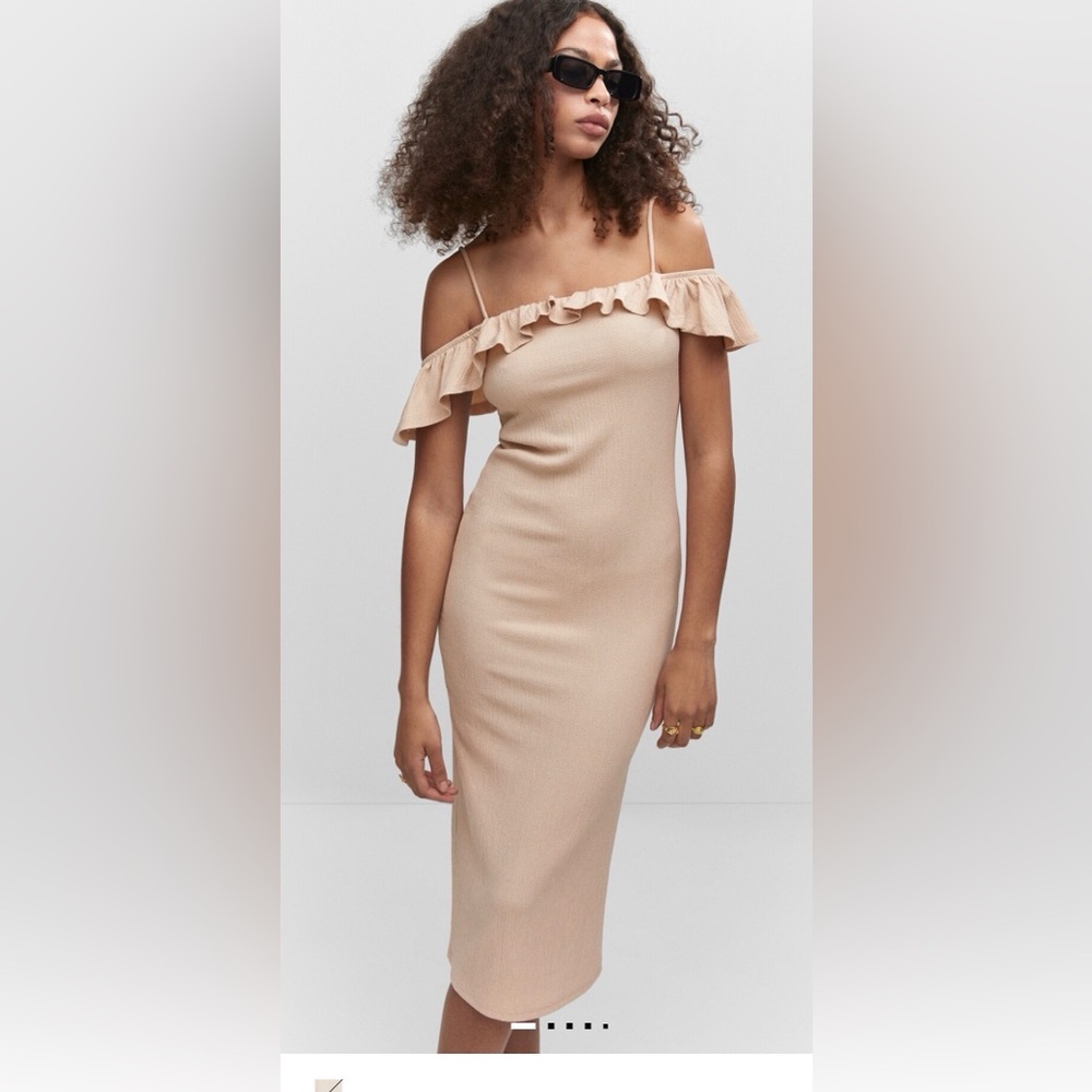 Mango One Shoulder Tan Dress